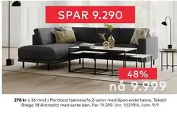 Skeidar Portland hjørnesofa 2-seter med åpen ende høyre, NOK 9999 tilbud
