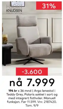 Skeidar Argo lenestol i Teddy Grey, NOK 7999 tilbud