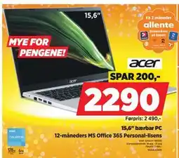 POWER 15,6 bærbar PC, NOK 2290 tilbud