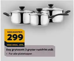 Megaflis Day grytesett 3 gryter rustfritt stål, NOK 499, Medlemspris tilbud