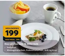Megaflis Day servise sett 16 deler hvit, NOK 229, Medlemspris tilbud