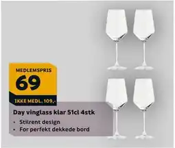 Megaflis Day vinglass klar 51cl 4stk, NOK 109, Medlemspris tilbud