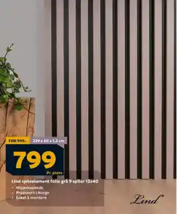 Megaflis Lind spileelement folie grå 9 spiler 12x40 tilbud