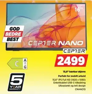 POWER 15,6 bærbar skjerm, NOK 2499 tilbud