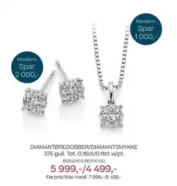 Bjørklund DIAMANTØREDOBBER/DIAMANTSMYKKE 375 gull. Tot. 0,16ct/0,11ct w/p1. tilbud