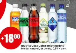 Spar Brus fra Coca-Cola/Farris/Frus/Bris/ Imsdal naturell, NOK 18 tilbud