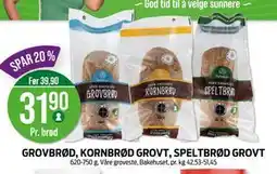Kiwi GROVBRØD, KORNBRØD GROVT, SPELTBRØD GROVT, NOK 31.9 tilbud