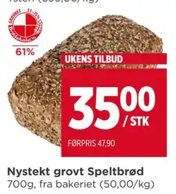 Meny Nystekt grovt Speltbrød, NOK 35 tilbud