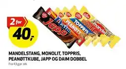 Bunnpris MANDELSTANG, MONOLIT, TOPPRIS, PEANØTTKUBE, JAPP OG DAIM DOBBEL, NOK 40 tilbud