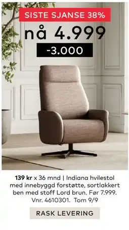 Skeidar Indiana hvilestol med innebyggd forstøtte, NOK 4999 tilbud