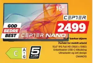 POWER 15,6 bærbar skjerm, NOK 2499 tilbud