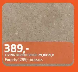 Flisekompaniet LIVING BEREN GREIGE 29,8X59,8, NOK 389 tilbud