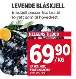 Meny LEVENDE BLÅSKJELL, NOK 69.9 tilbud