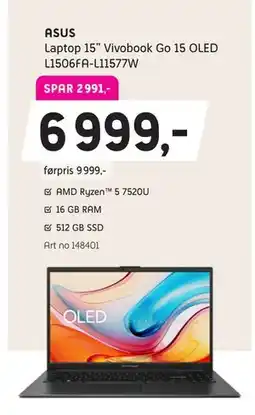 ELON ASUS Laptop 15 Vivobook Go 15 OLED L1506FA-L11577W, NOK 6999 tilbud