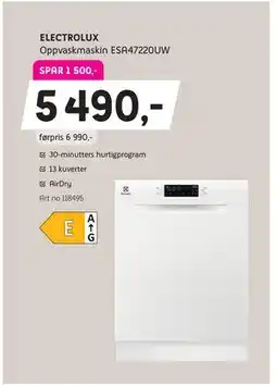 ELON ELECTROLUX Oppvaskmaskin ESA47220UW, NOK 5490 tilbud
