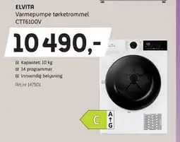 ELON ELVITA Varmepumpe tørketrommel CTT6100V, NOK 10490 tilbud