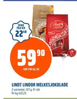 Coop Obs LINDT LINDOR MELKESJOKOLADE, NOK 59.9 tilbud