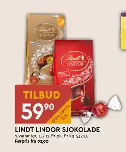 Coop Mega LINDT LINDOR SJOKOLADE, NOK 59.9 tilbud