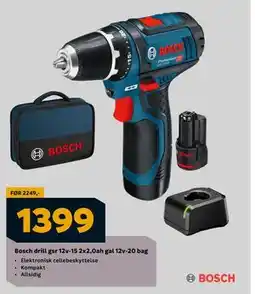 Megaflis Bosch drill gsr 12v-15 2x2,0ah gal 12v-20 bag, NOK 1399 tilbud