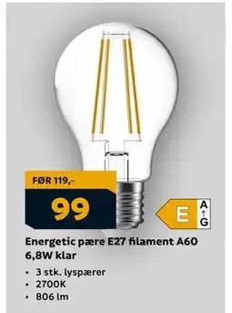 Megaflis Energetic pære E27 filament A60 6,8W klar, NOK 99 tilbud