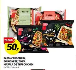 Bunnpris PASTA CARBONARA, BOLOGNESE, TIKKA MASALA OG THAI CHICKEN, NOK 50 tilbud