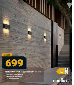 Megaflis Nordlux Kinver 26 vegglampe ip54 led sort, NOK 699 tilbud