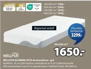 JYSK WELLPUR GLOMMA GF30 skummadrass - grå, NOK 1650 tilbud