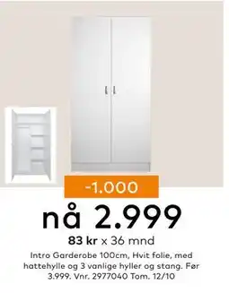 Skeidar Intro Garderobe 100cm, NOK 2999 tilbud