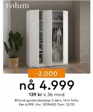 Skeidar Billund garderobeskap 3 dørs, NOK 4999 tilbud