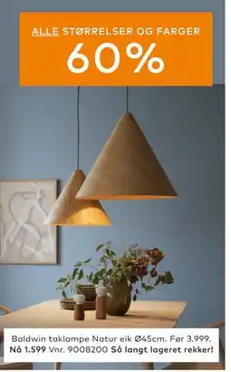 Skeidar Baldwin taklampe Natur eik Ø45cm, NOK 1599 tilbud