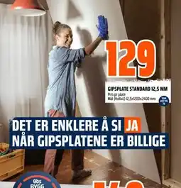 Obs Bygg GIPSPLATE STANDARD 12,5 MM, NOK 129 tilbud