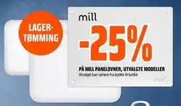 Obs Bygg 25% PÅ MILL PANELOVNER, UTVALGTE MODELLER tilbud
