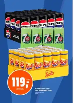 Obs Bygg PEPSI MAX/7UP FREE/ SOLO SUPER BRETT 20 PK, NOK 119 tilbud