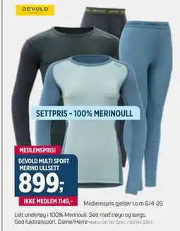 Sport 1 DEVOLD MULTI SPORT MERINO ULLSETT, NOK 1149, Medlemspris tilbud
