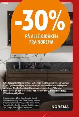 Byggmakker 30% PÅ ALLE KJØKKEN FRA NOREMA tilbud