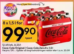 Gigaboks Coca-Cola Original / Coca-Cola Zero 8 x 1,5 l, NOK 99.9 tilbud