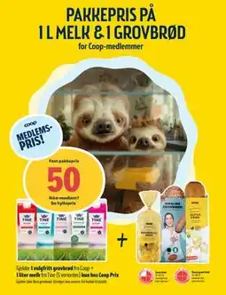 Coop Prix 1 valgfritt grovbrød fra Coop + 1 liter melk. fra Tine, Medlemspris tilbud