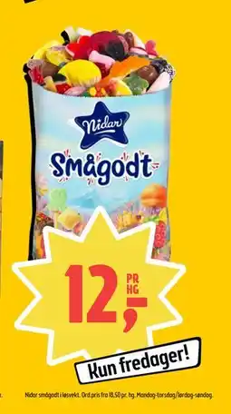 Coop Prix Nidar smågodt i løsvekt. Ord.pris fra 18,50 pr. hg. Mandag-torsdag/lørdag-søndag., NOK 12 tilbud