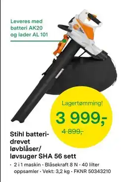 Felleskjøpet Stihl batteridrevet løvblåser/ løvsuger SHA 56 sett, NOK 3999 tilbud