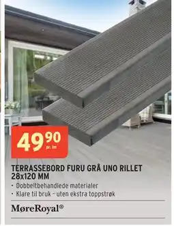 Montér TERRASSEBORD FURU GRÅ UNO RILLET 28x120 MM, NOK 49.9 tilbud