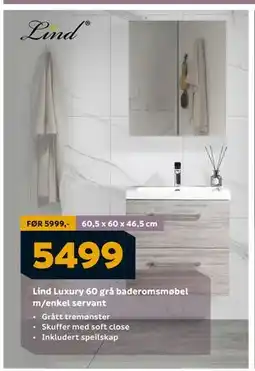 Megaflis Lind Luxury 60 grå baderomsmøbel m/enkel servant, NOK 5499 tilbud