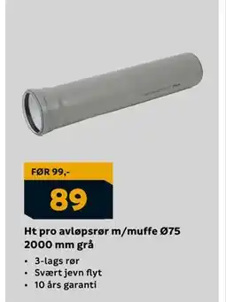 Megaflis Ht pro avløpsrør m/muffe Ø75 2000 mm grå, NOK 89 tilbud