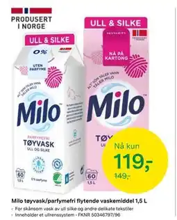 Felleskjøpet Milo tøyvask/parfymefri flytende vaskemiddel 1,5 L, NOK 119 tilbud