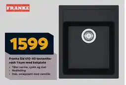 Megaflis Franke Sid 610-40 tectonitevask 1 kum med bakplate, NOK 1599 tilbud