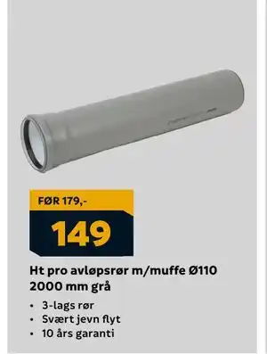 Megaflis Ht pro avløpsrør m/muffe Ø110 2000 mm grå, NOK 149 tilbud