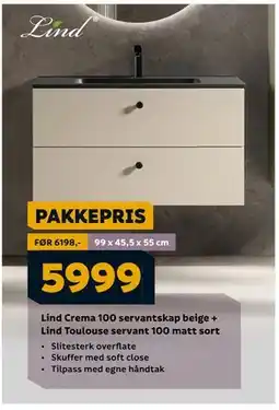Megaflis Lind Crema 100 servantskap beige + Lind Toulouse servant 100 matt sort, NOK 5999 tilbud