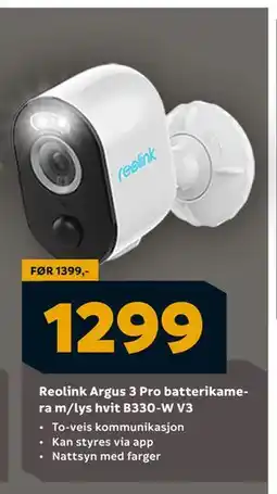 Megaflis Reolink Argus 3 Pro batterikamera m/lys hvit B330-W V3, NOK 1299 tilbud