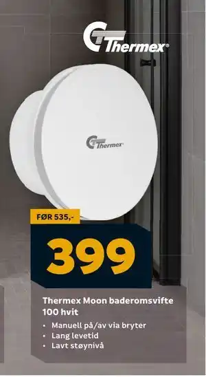 Megaflis Thermex Moon baderomsvifte 100 hvit, NOK 399 tilbud