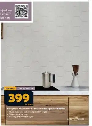 Megaflis BerryAlloc Kitchen Wall Sandstein Hexagon Satin Finish, NOK 399 tilbud