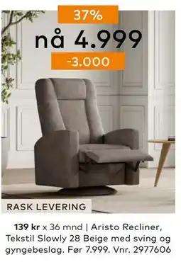 Skeidar Aristo Recliner, Tekstil Slowly 28 Beige, NOK 4999 tilbud